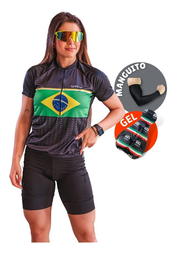 Conjunto Kit Bike Feminino Camisa Brasil E Bermuda Gel Slim