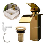Torneira Banheiro Monocomando Baixa Dourada + Valvula Click