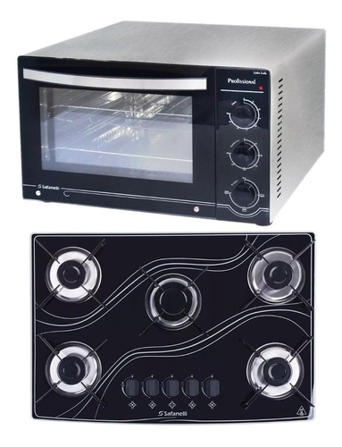 Kit Forno Bancada Inox 45l + Cooktop 5 Bocas Preto Safanelli Cor Aço Escovado 110v