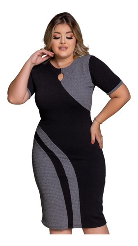 Vestido Midi Justo Bicolor Luxo Evangelico Casual Plus Size