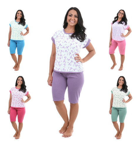 Kit 5 Pijamas Feminino Pescador Manga Curta E Calça Curta