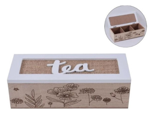 Caja De Té Mediana De Madera 3 Espacios Con Corazon Ramas