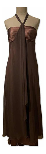 Vestido Largo Fiesta Marron Chocolate Gasa Y Saten Talle M