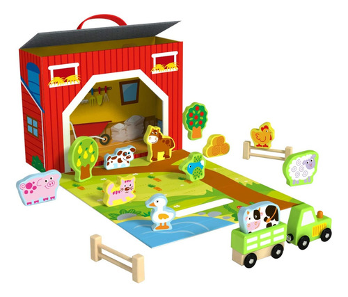 Casa De Granja Playset Con Animales De Madera 17 Pzs Tractor