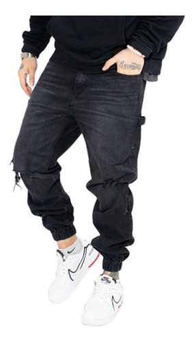 Jeans Jogger Negro Rotura Hombre Revston 