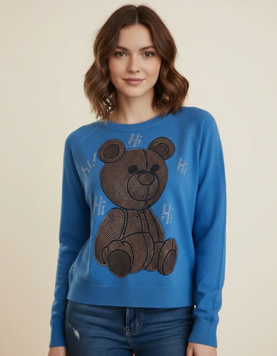 Sueter Marca Vinizbena De Mujer Estampado De Oso Color Azul