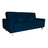 Sofa Cama  Pamela Com Bau Veludo Azul Pes Palito Moderno