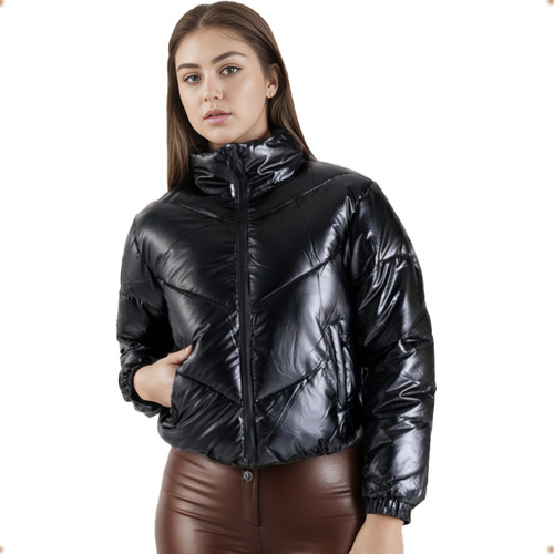 Casaco Feminino Jaqueta Puffer Cropped Metalizado Bomber Top