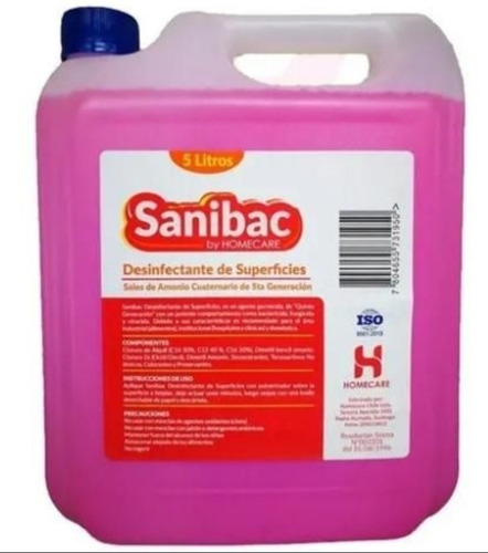 Desinfectante Amonio Cuaternario 5lt Sanibac De 5 Generación