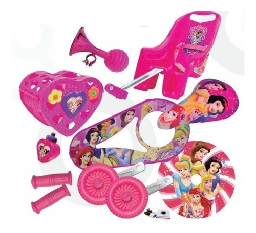 Kit Princesas Bicicleta Niña Canasta Corazón Auxiliares 