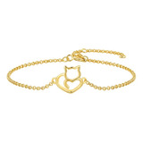 Pulsera Brazalete Gato Corazón Plata S925 Chapado En Oro