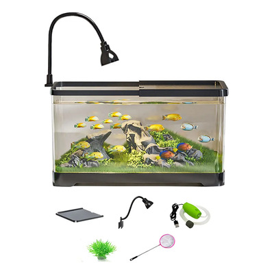 Azyaadixx Kit De Acuario Pecera Para Betta Con Bomba De Aire Luz Tanque De Peces Pequeña 14l Pecera De Mesa Para Tortuga Silencio Mini Acuario Plástico Con Planta Artificial, Piedra Decotiva Acuascape | Meses sin interés