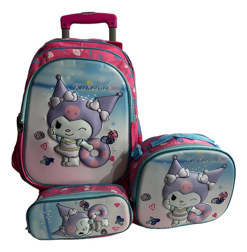 Kit Mochila Kuromi Primaria Con Lonchera Y Lapicera Y Ruedas