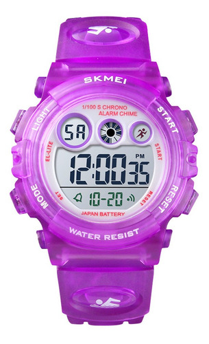 Reloj Niños Niñas Skmei 1451 Digital Alarma Cronometro Color De La Malla Morado Transparente Color Del Fondo Blanco