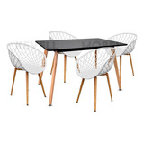 Mesa Moderna Negra Rectangular + 4 Sillas Sidera Blancas Color Madera Recubierta De Plástico Negro Diseño De La Tela De Las Sillas Plástico Blanco Perforado