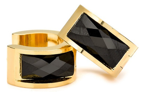 Par De Brinco Dourado Aço Argola Esmaltado Zircônia Preto