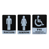 Kit Placa Indicativa Banheiro Sinalização Wc Masc, Fem e pcd