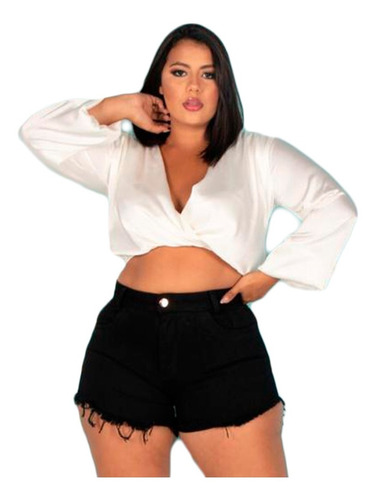 Short Jeans Plus Size Feminino Básico Barra Desfiada