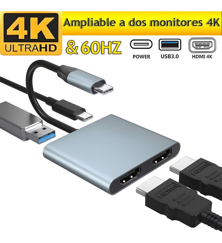 Adaptador Usb C A Hdmi Dual, Monitor De Extensão Hd 4k 60hz