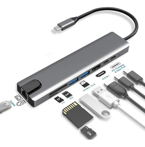 Adaptador Usb Tipo C 8-1 A Usbc-hdtv-sd-tf-usb3.0-usb-pd-lan