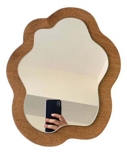 Espelho De Mão Formato Orgânico Com Base Madeira