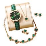 Kit Reloj Verde Para Mujer + Juego De Collar Aretes Verde