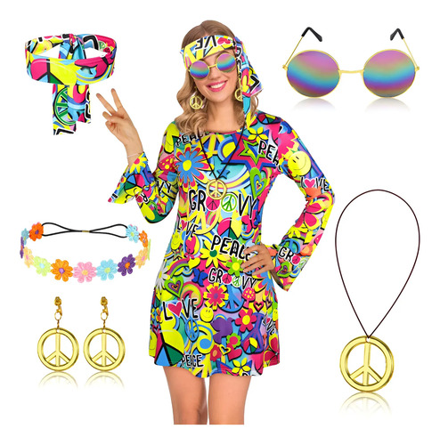 6 Piezas Conjunto De Disfraz Hippie De Años 60s Y 70s, Incluye Vestido Collar Aretes Lentes De Sol Diadema Y Guirnaldas Para Fiesta De Discoteca | Envío gratis