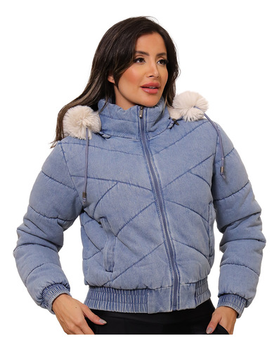 Jaqueta Feminina Forrada Jeans Cropped Puffer Capuz Pelinho