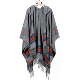 Poncho Tipo Capa Con Capucha Tejido Nuevo A Rayas For Mujer