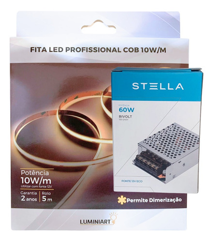 Fita Led Profissional Cob 11w/m 5m + Fonte 60w 12v Stella