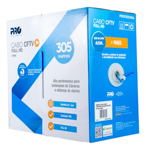 Caixa Cabo Rede Cftv Full Hd 305m 04 Pares Azul - 