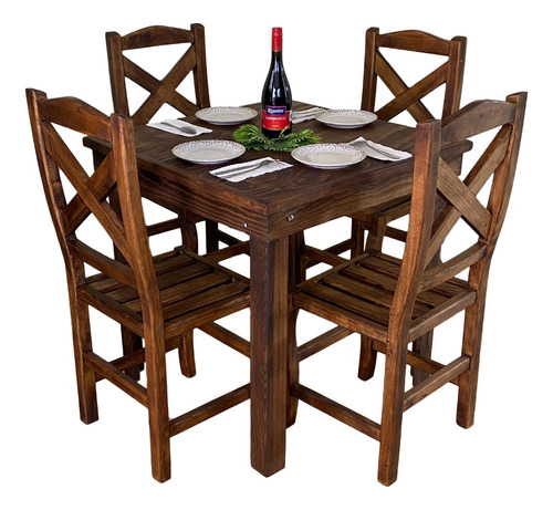 Set 4 Sillas Y Mesa 80x80 Cross Comedor Madera Uso Rudo Nst