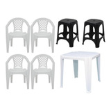 Mesa Plastico Quadrada Branca C/ 4 Cadeiras E 2 Banquetas