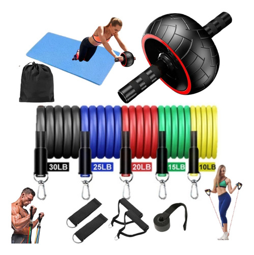 Kit Roda Abdominal + 11 Pçs Extensor Elástico Exercício Casa