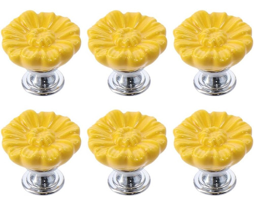 6 Pcs Cabinet Knobs, Ceramic Single Hole Yellow Floral Daisy