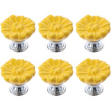 6 Pcs Cabinet Knobs, Ceramic Single Hole Yellow Floral Daisy
