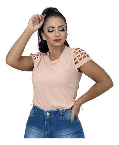 Blusa Feminina Plus Size Kit3 Detalhes Na Manga Tam M Até G3