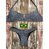 Bikini Brasileño Animal Print Gris Con Tanga