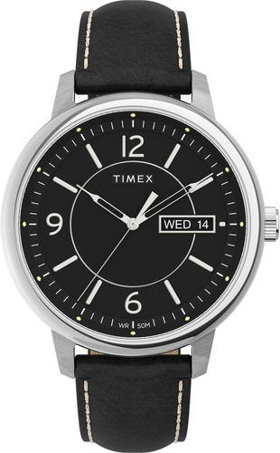 Reloj Timex Chicago Day Date 45mm Leather Strap Black Color De La Malla Negro Color Del Bisel Plateado Color Del Fondo Negro