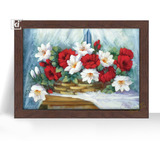 Quadro Flores Branca Vermelha Cesto Cortina A4 32cm