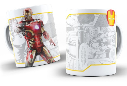 Taza Iron Man Y Símbolo De Casco. Fondo Comic.  11 Oz