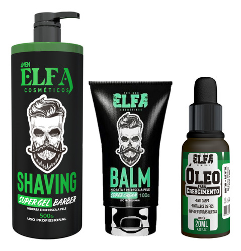 Kit Barbearia Shaving + Balm + Óleo P/ Crescimento Elfa 4man