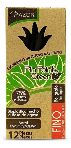 12 Bolígrafos Plumas Pin Point Ecológico Fino 0.7mm Azor Color De La Tinta Negro Color Del Exterior Negro