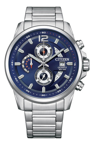 Reloj Citizen An369056l Para Hombre Cronógrafo Fechador Color De La Malla Plateado Color Del Bisel Azul Color Del Fondo Azul