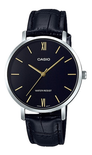 Reloj De Pulsera Casio Dress Ltp-vt01 De Cuerpo Color Plateado, Analógico, Para Mujer, Fondo Negro, Con Correa De Cuero Color Negro, Agujas Color Dorado, Dial Dorado, Bisel Color Plateado Y Hebilla Si