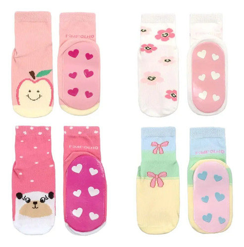 Kit 4 Pares Meia Infantil Sola Emborrachada Antiderrapante