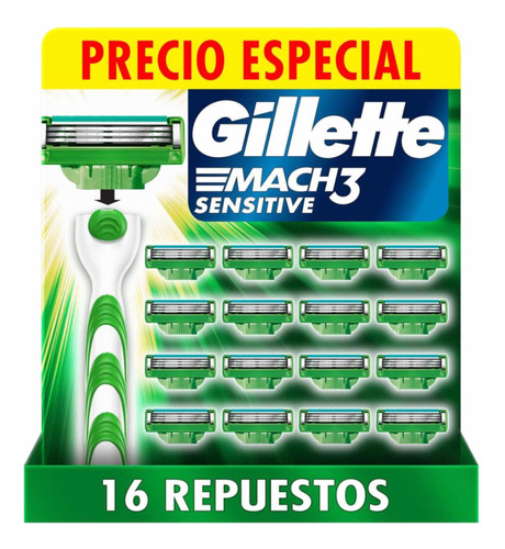 Gillette Mach 3 Sensitive 16 Cartuchos Con Aloe Envío Gratis