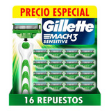 Gillette Mach 3 Sensitive 16 Cartuchos Con Aloe Envío Gratis