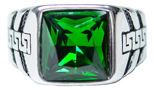 Anillo Joya Verde Acero Inoxidable Color Plateado Hombre