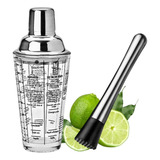 Kit Caipirinha Coqueteleira Inox Vidro Socador Dosador Drink